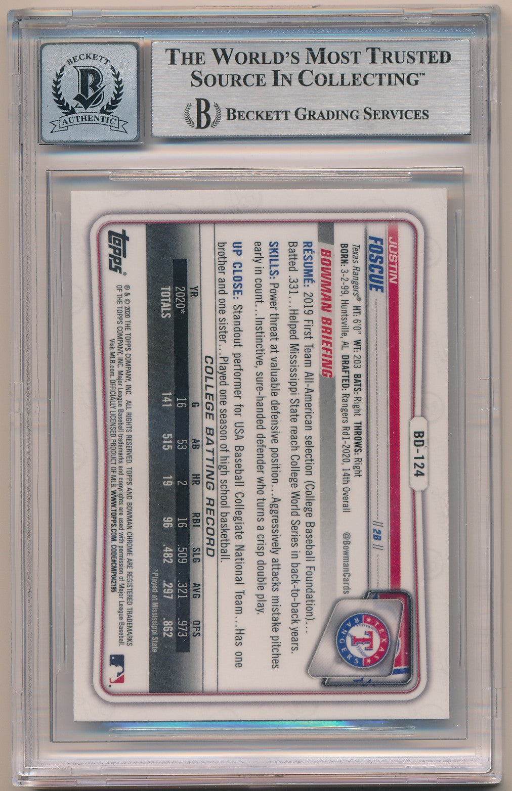 2020 BOWMAN CHROME DRAFT #BD124 JUSTIN FOSCUE AUTHENTIC AUTO BAS 10
