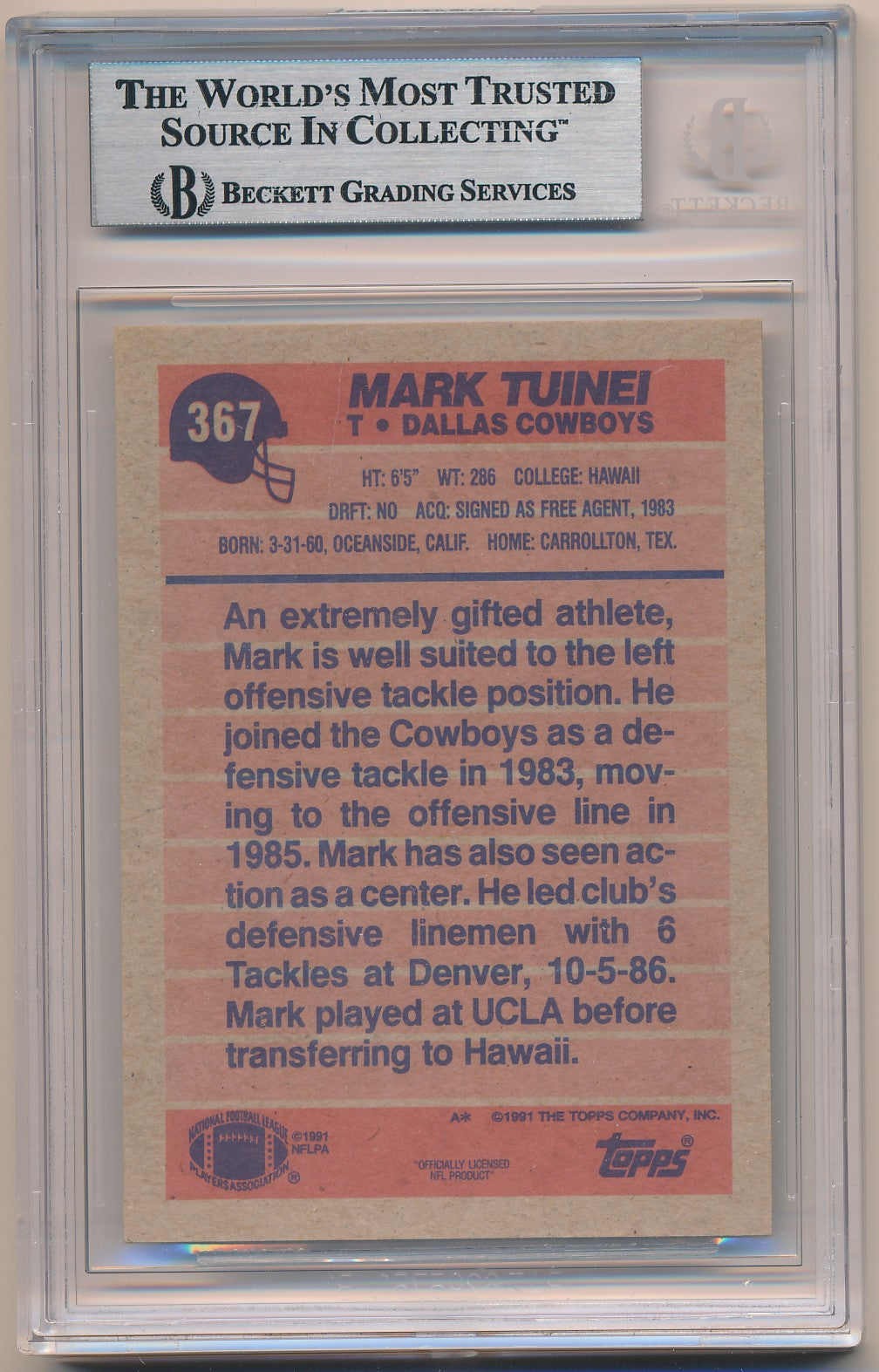1991 TOPPS #367 MARK TUINEI AUTHENTIC AUTO BAS