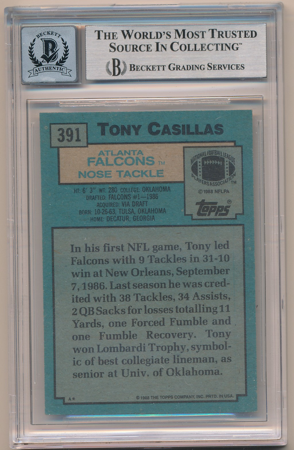 1988 TOPPS #391 TONY CASILLAS AUTHENTIC AUTO BAS 10