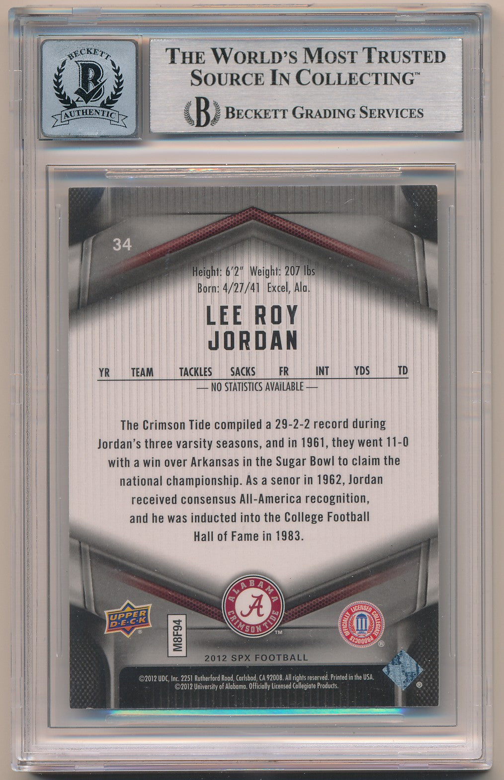 2012 SPX #34 LEE ROY JORDAN AUTHENTIC AUTO BAS 10