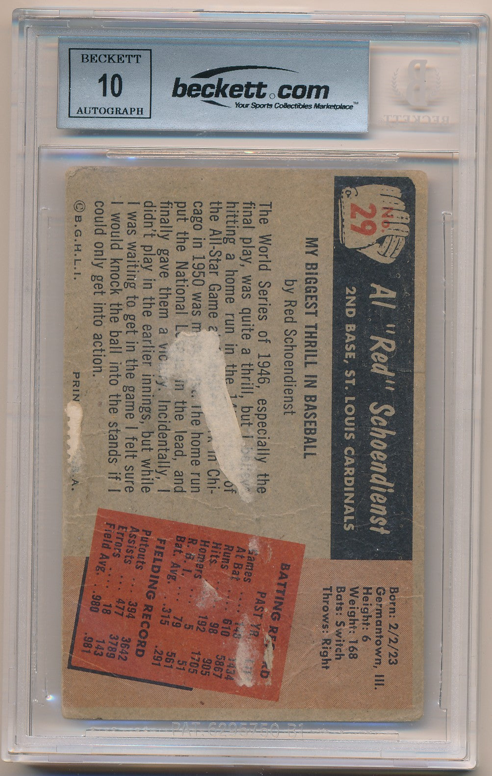 1955 BOWMAN #29 RED SCHOENDIENST AUTHENTIC AUTO BAS