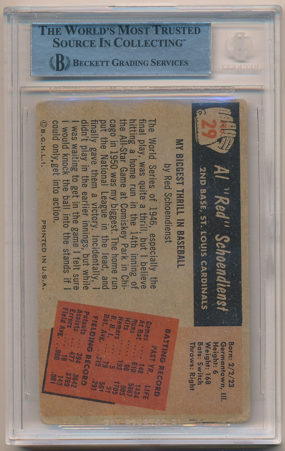 1955 BOWMAN #29 RED SCHOENDIENST AUTHENTIC AUTO BAS
