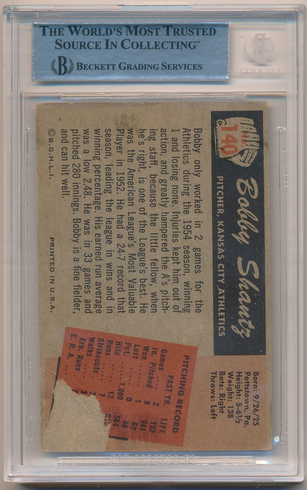 1955 BOWMAN #140 BOBBY SHANTZ AUTHENTIC AUTO BAS