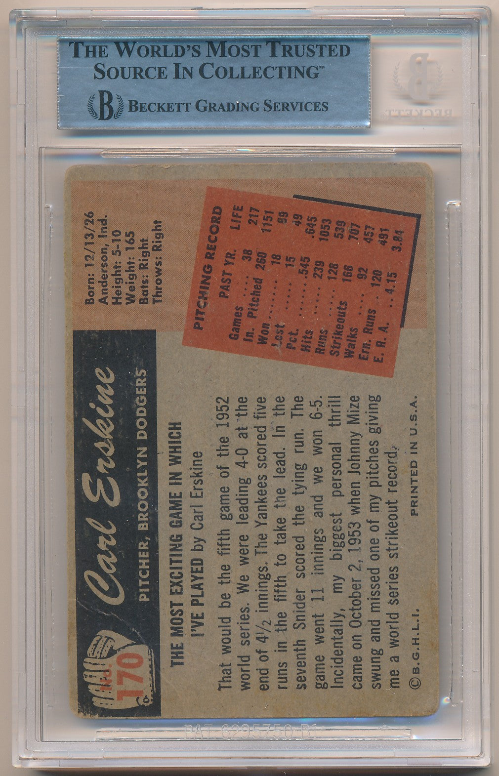 1955 BOWMAN #170 CARL ERSKINE AUTHENTIC AUTO BAS