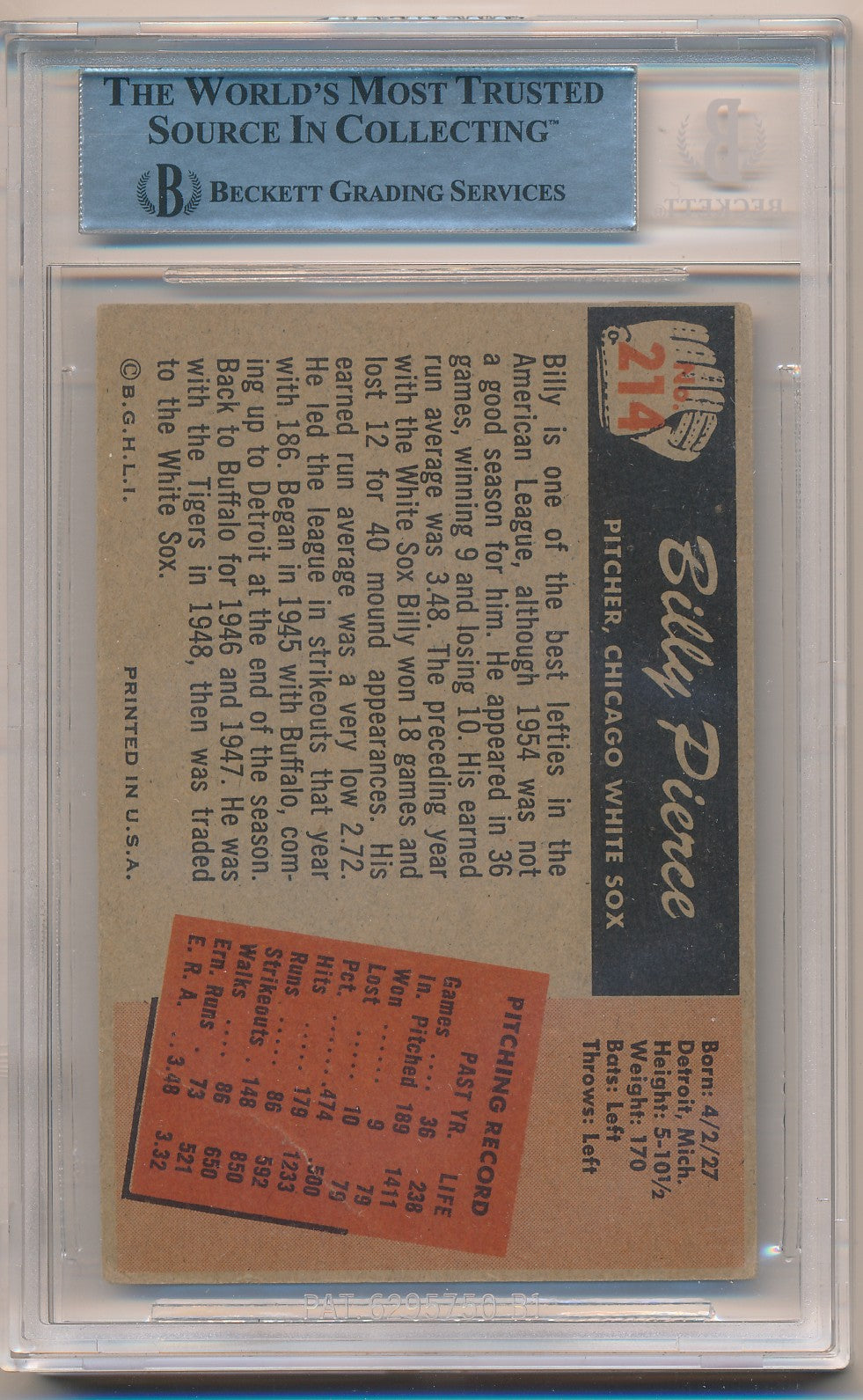 1955 BOWMAN #214 BILLY PIERCE AUTHENTIC AUTO BAS