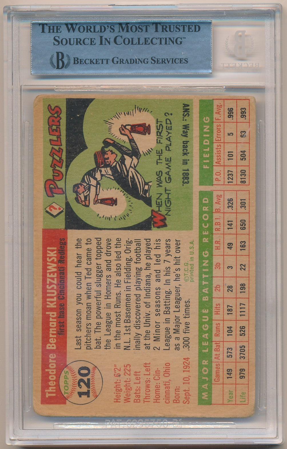 1955 TOPPS #120 TED KLUSZEWSKI AUTHENTIC AUTO BAS