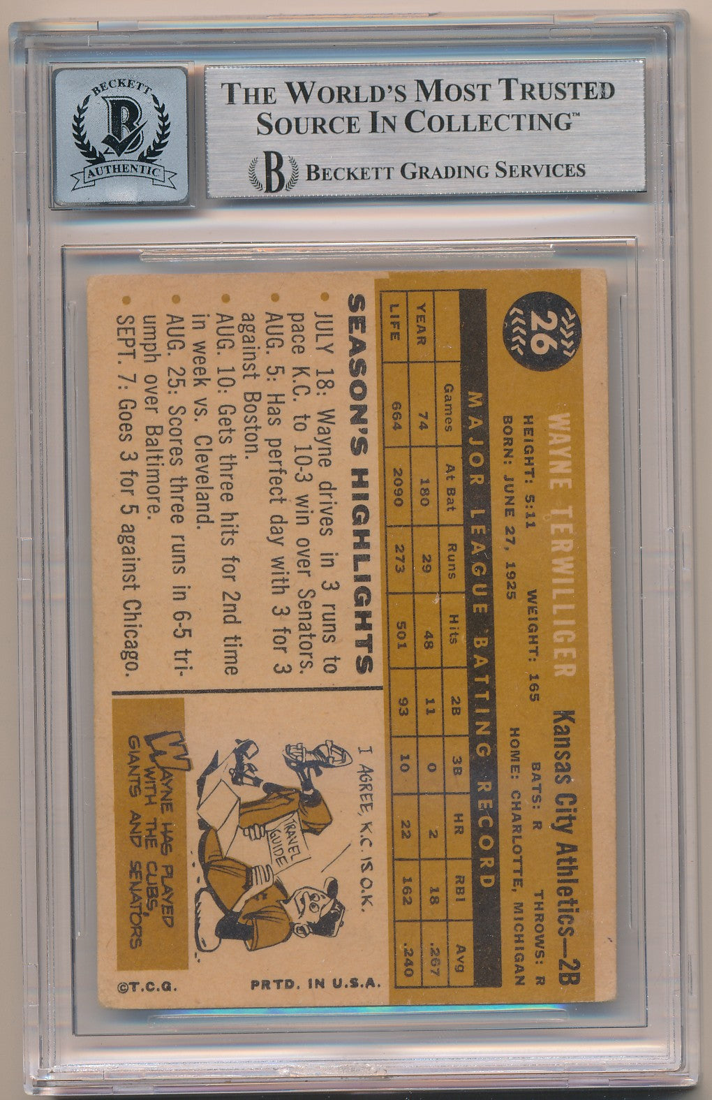 1960 TOPPS #26 WAYNE TERWILLIGER AUTHENTIC AUTO BAS 10
