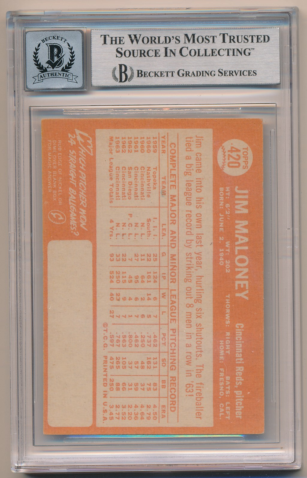 1964 TOPPS #420 JIM MALONEY AUTHENTIC AUTO BAS 10