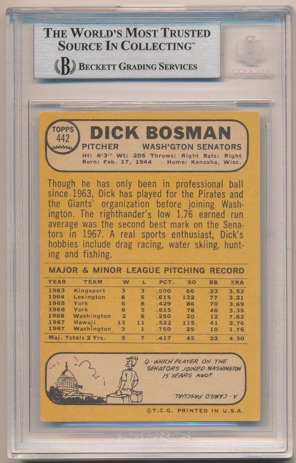 1968 TOPPS #442 DICK BOSMAN AUTHENTIC AUTO BAS