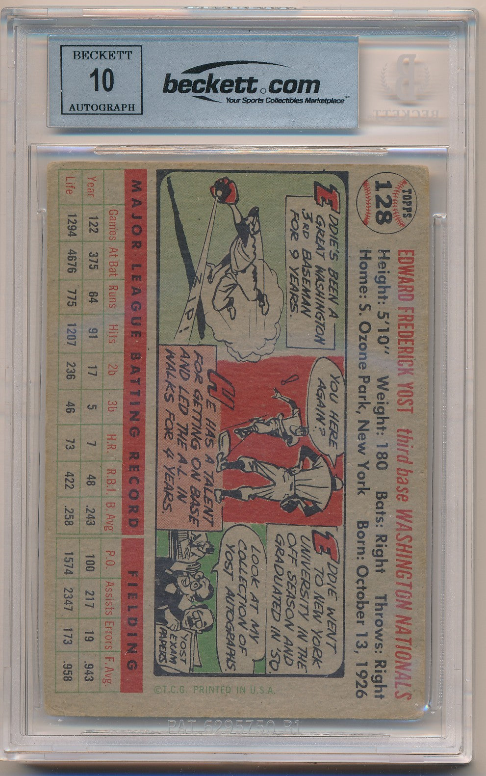 1956 TOPPS #128 EDDIE YOST AUTHENTIC AUTO BAS