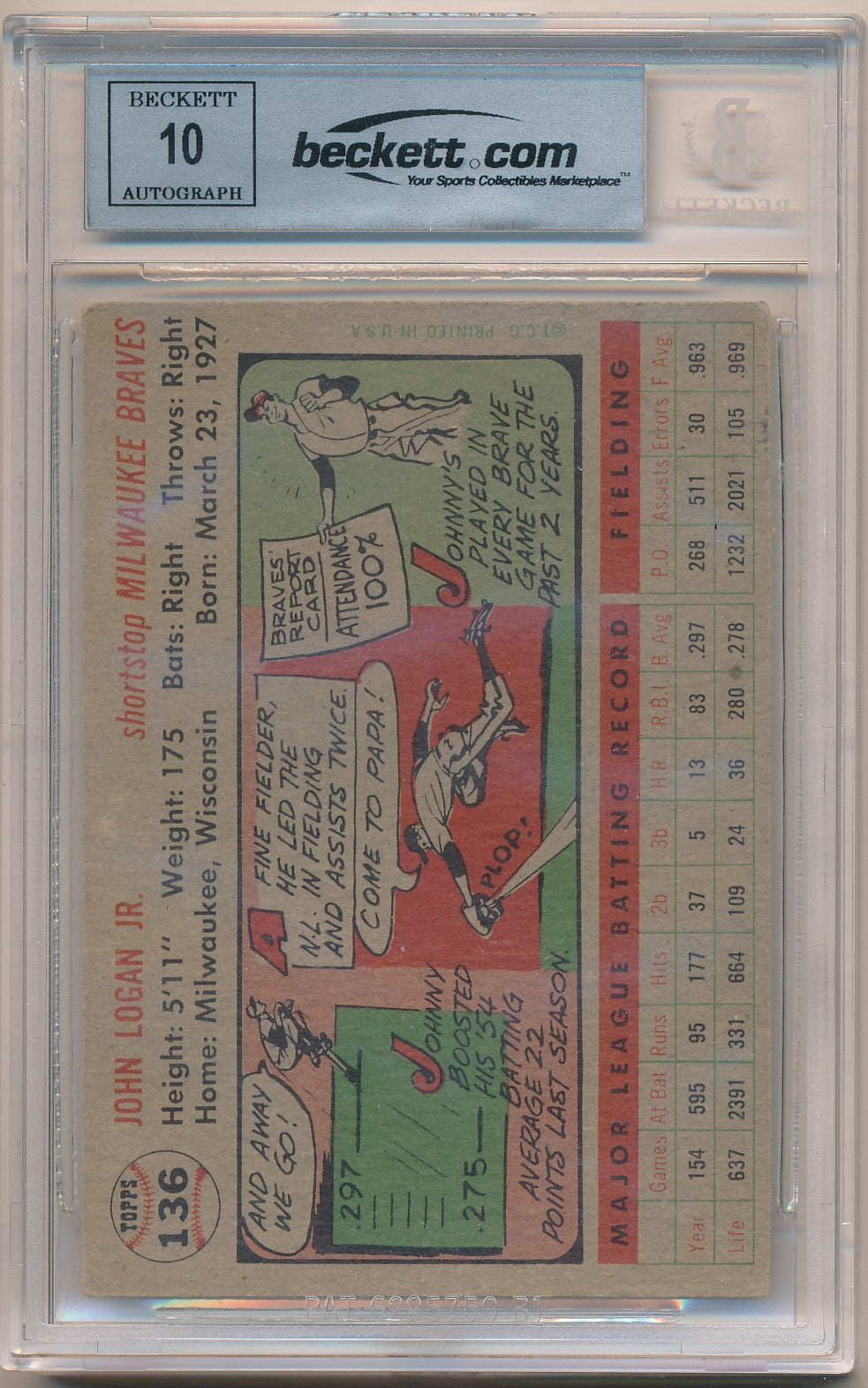 1956 TOPPS #136 JOHNNY LOGAN AUTHENTIC AUTO BAS