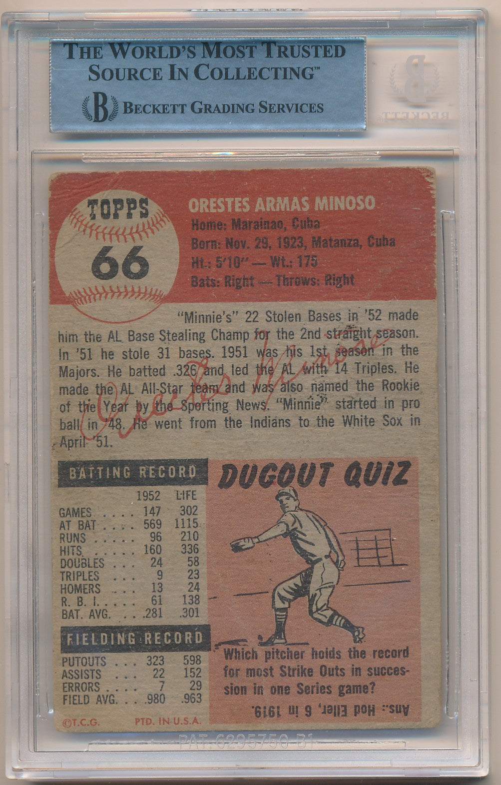 1953 TOPPS #66 MINNIE MINOSO AUTHENTIC AUTO BAS