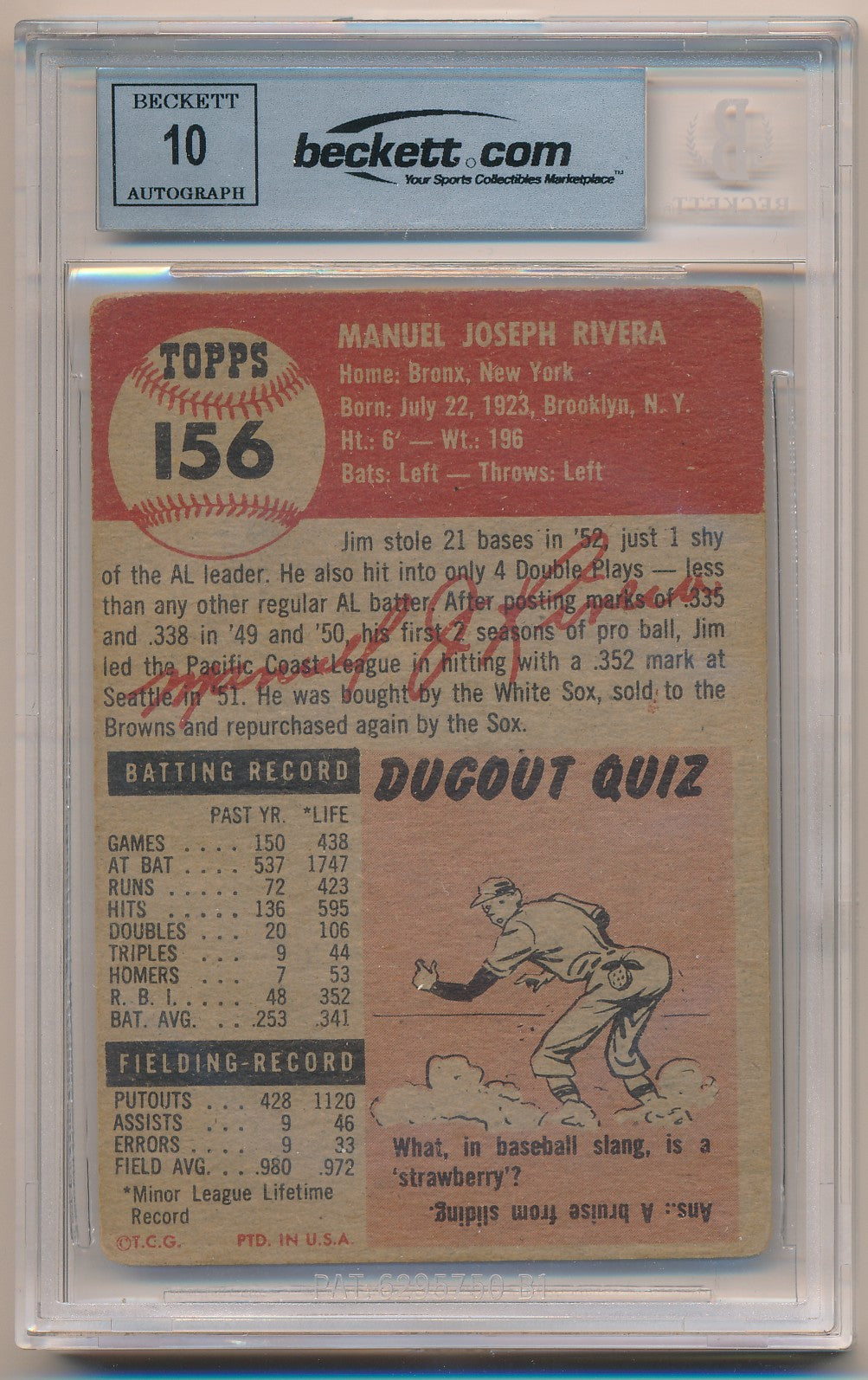 1953 TOPPS #156 JIM RIVERA DP AUTHENTIC AUTO BAS