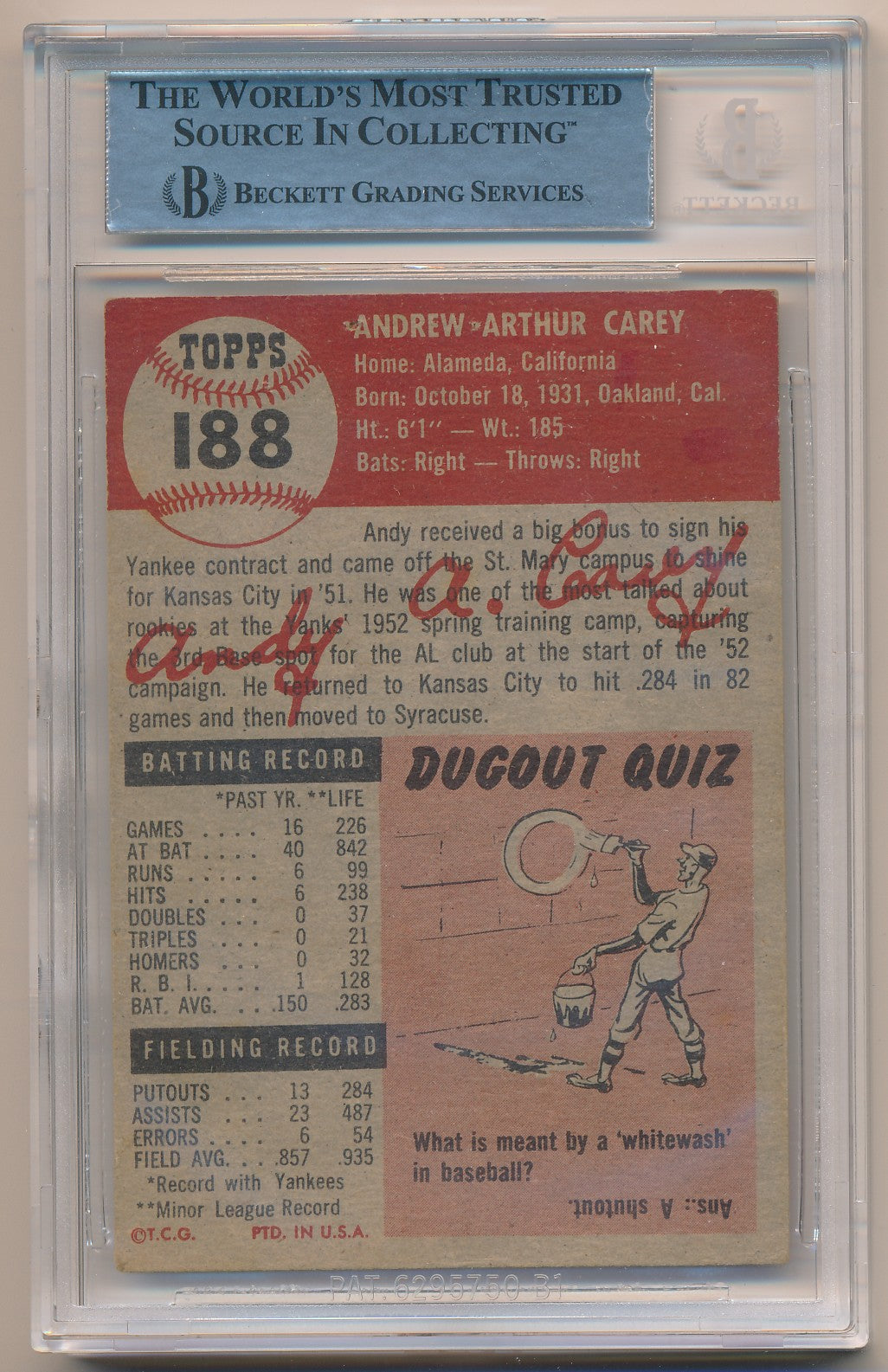 1953 TOPPS #188 ANDY CAREY AUTHENTIC AUTO BAS