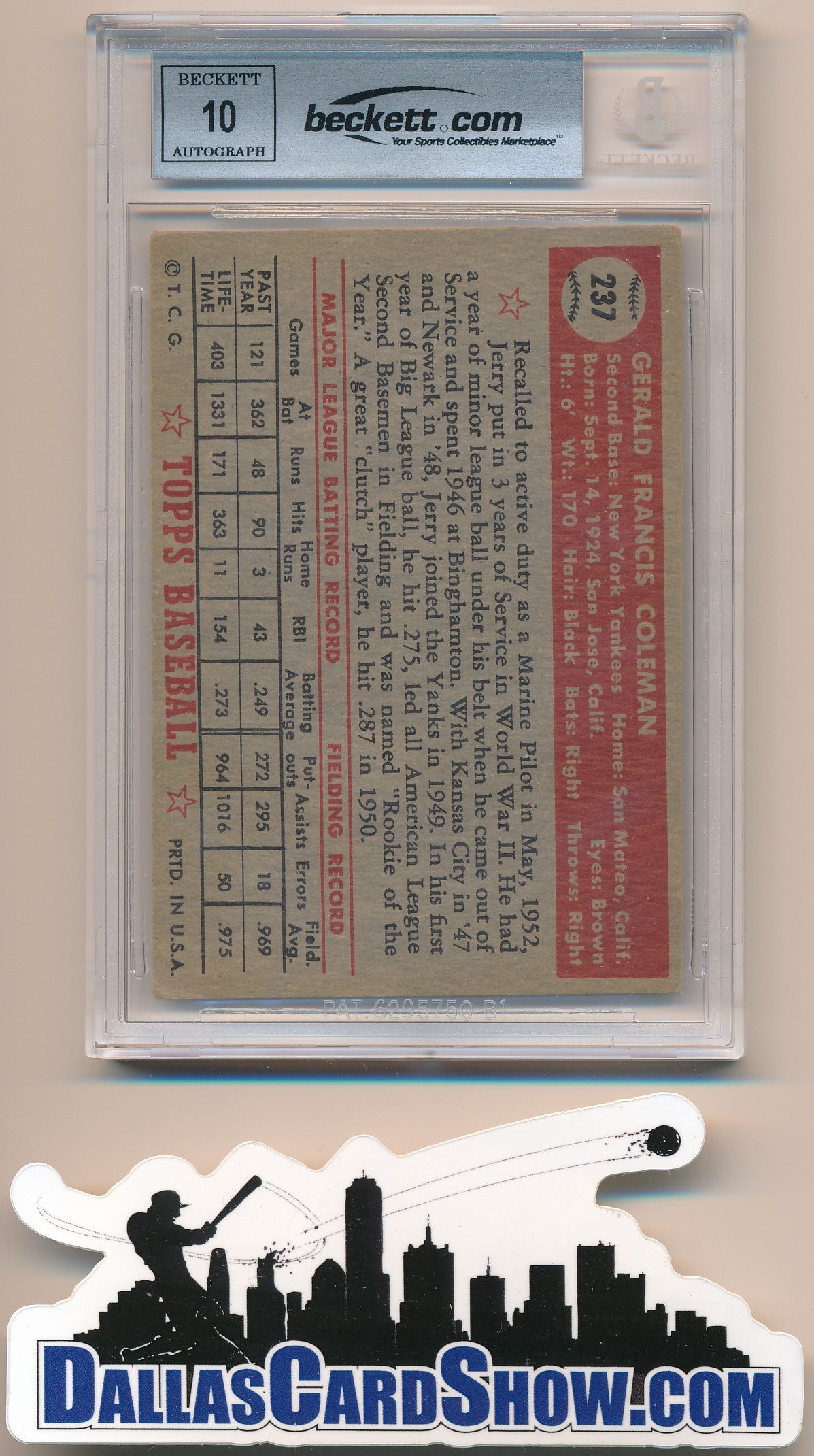 1952 TOPPS #237 JERRY COLEMAN AUTHENTIC BGS AUTO