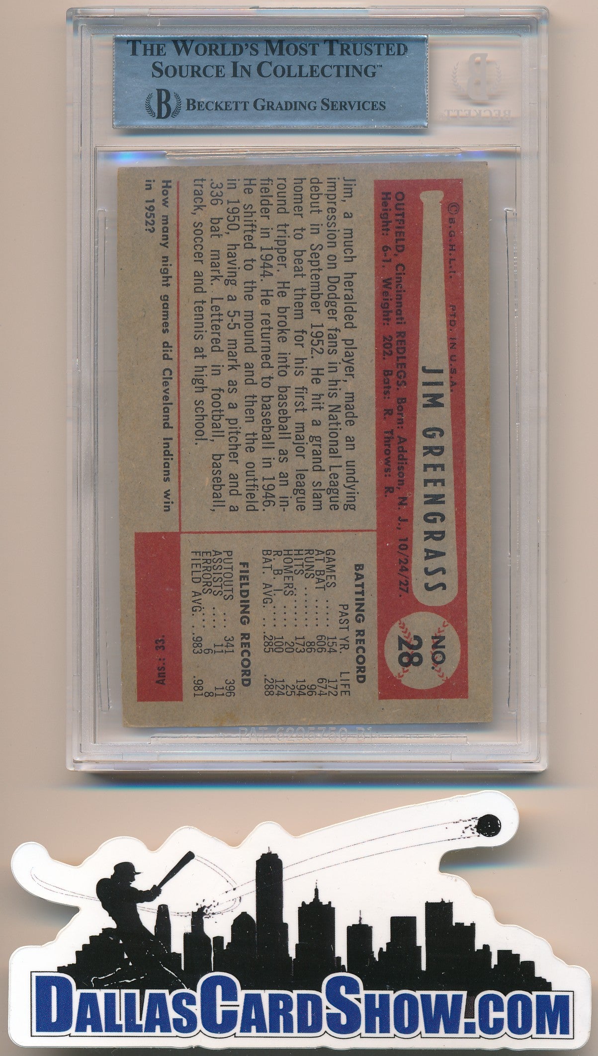 1954 BOWMAN #28A JIM GREENGRASS AUTHENTIC BGS AUTO