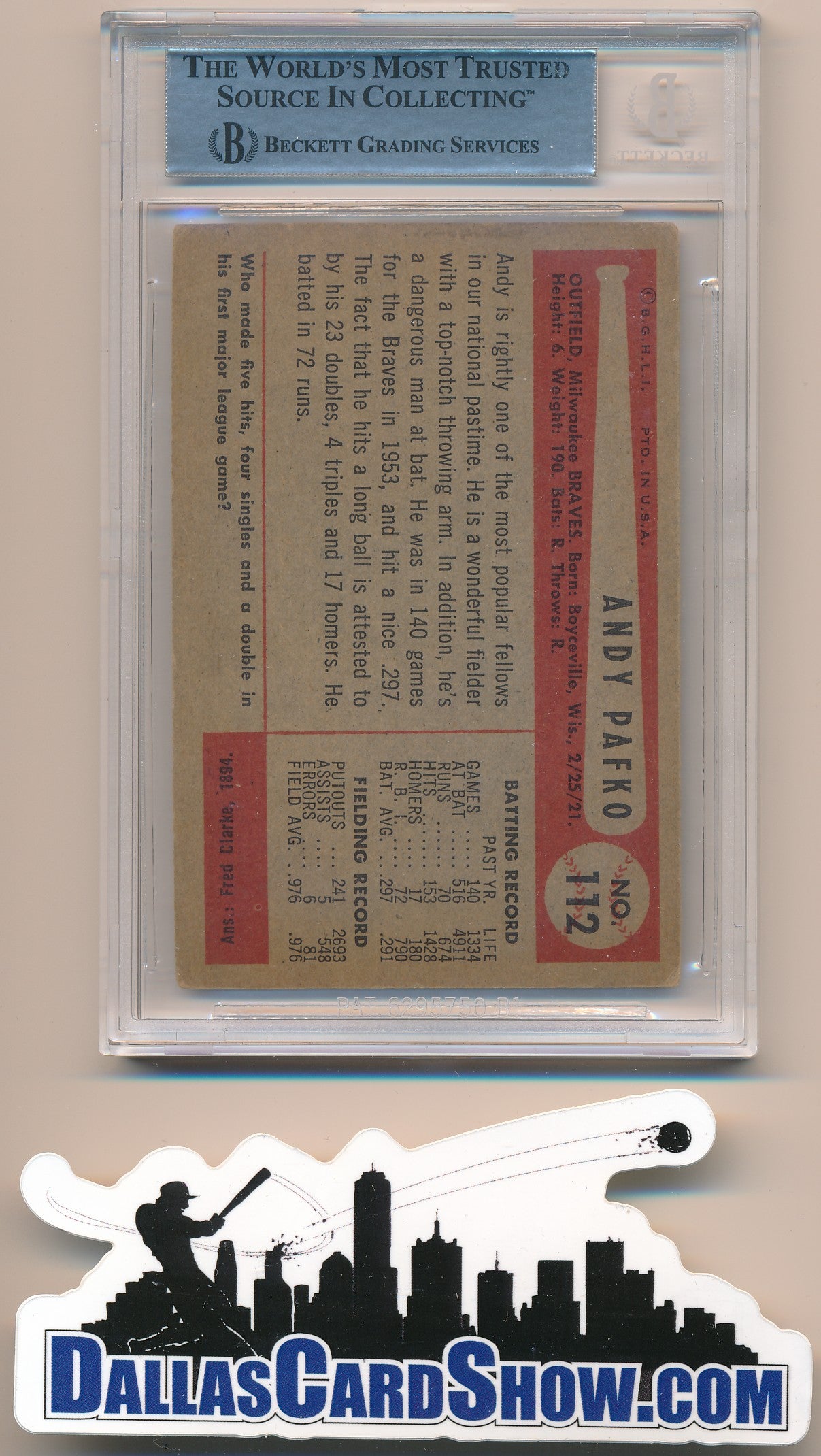 1954 BOWMAN #112 ANDY PAFKO AUTHENTIC BGS AUTO
