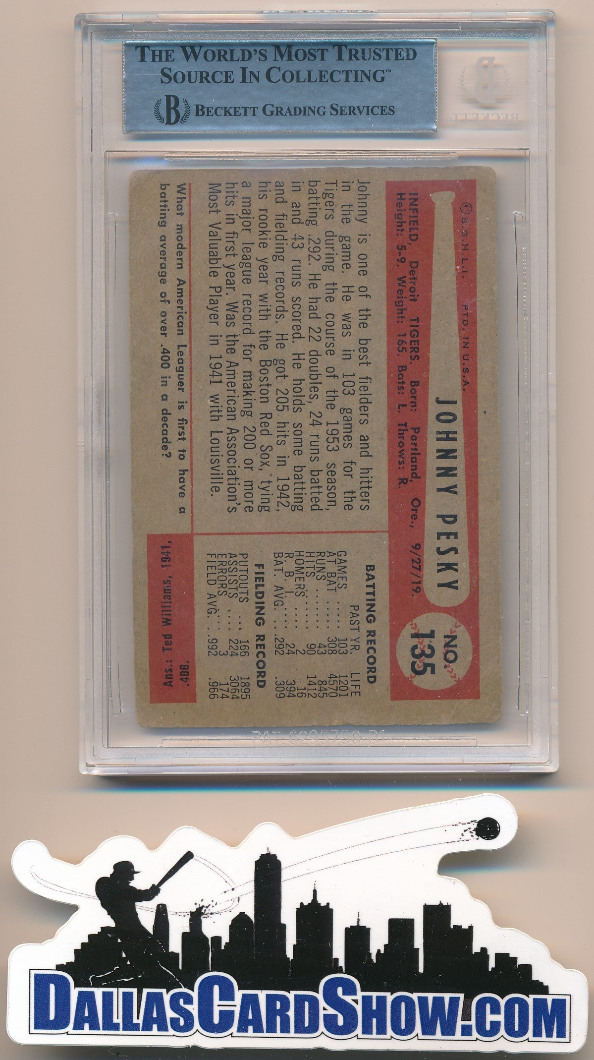 1954 BOWMAN #135 JOHNNY PESKY AUTHENTIC BGS AUTO