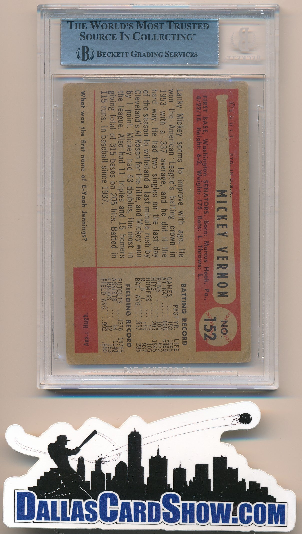 1954 BOWMAN #152 MICKEY VERNON AUTHENTIC BGS AUTO