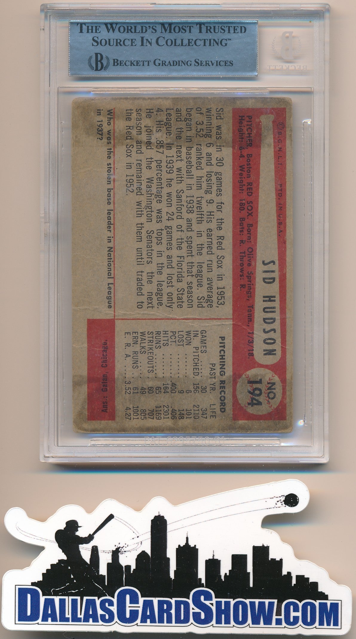 1954 BOWMAN #194 SID HUDSON AUTHENTIC BGS AUTO