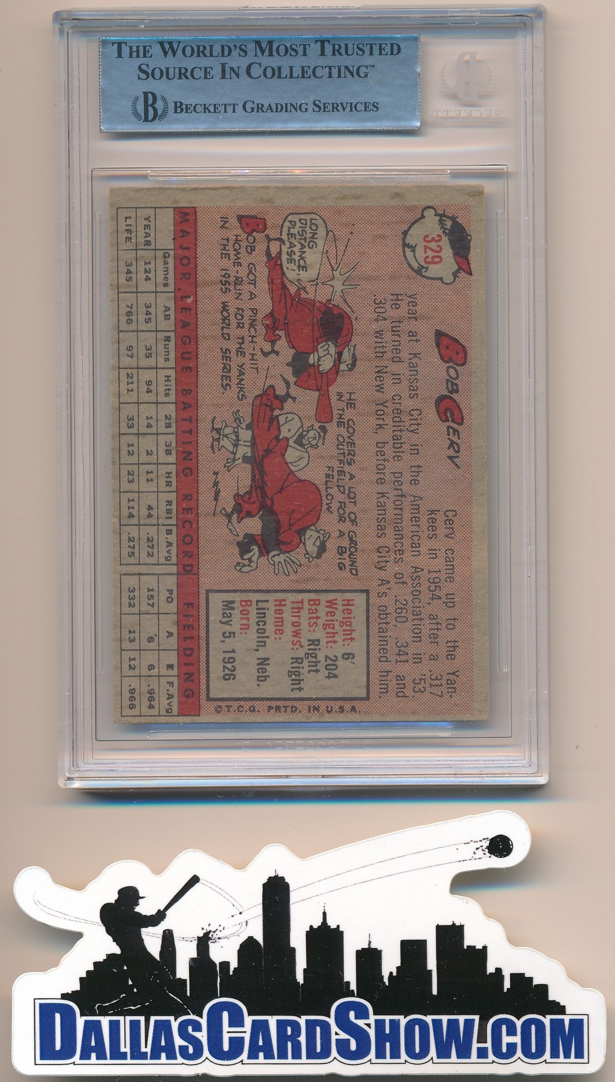 1958 TOPPS #329 BOB CERV AUTHENTIC BGS AUTO