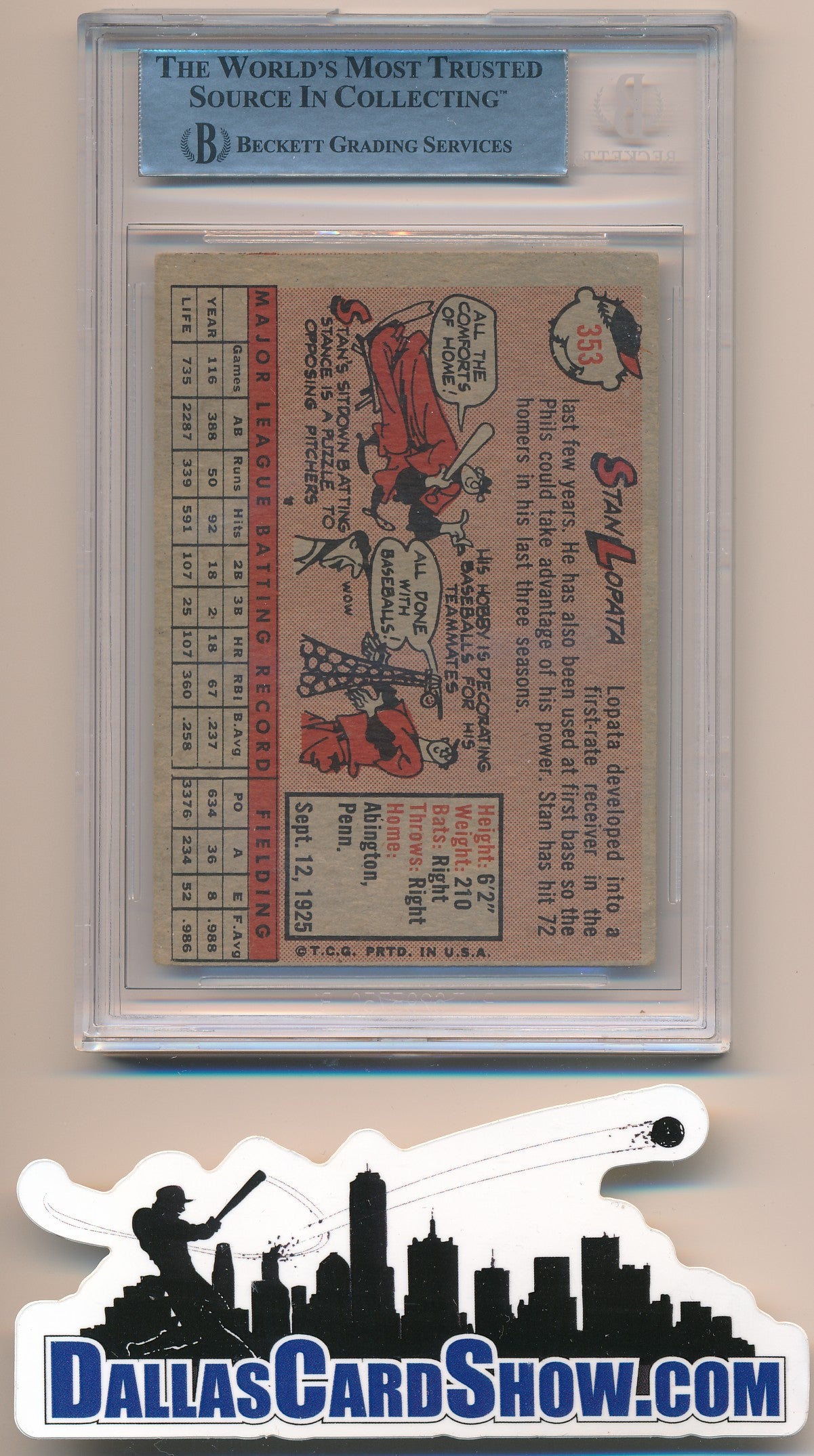 1958 TOPPS #353 STAN LOPATA AUTHENTIC BGS AUTO