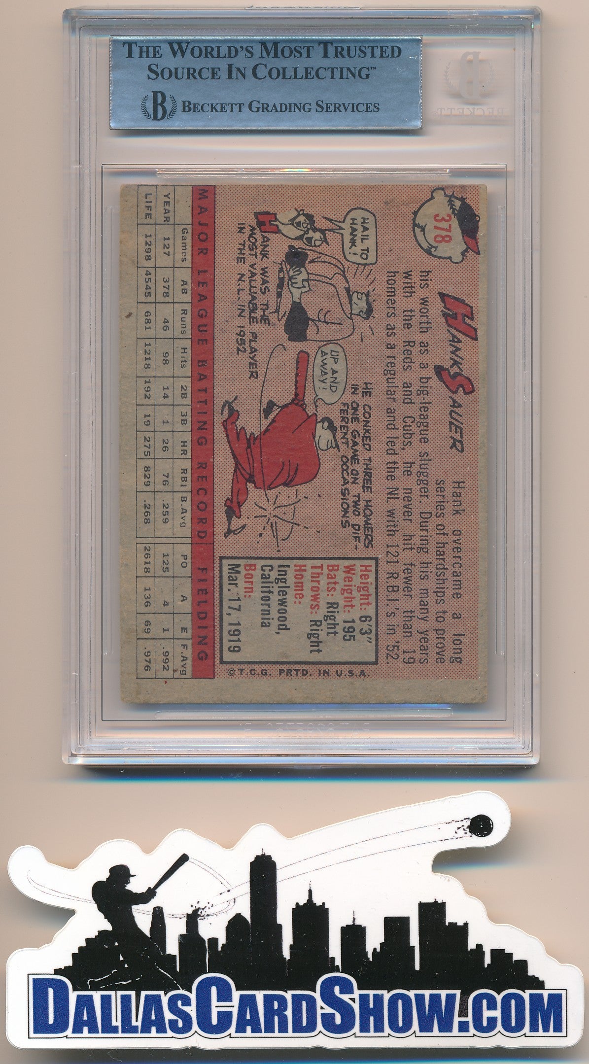 1958 TOPPS #378 HANK SAUER AUTHENTIC BGS AUTO