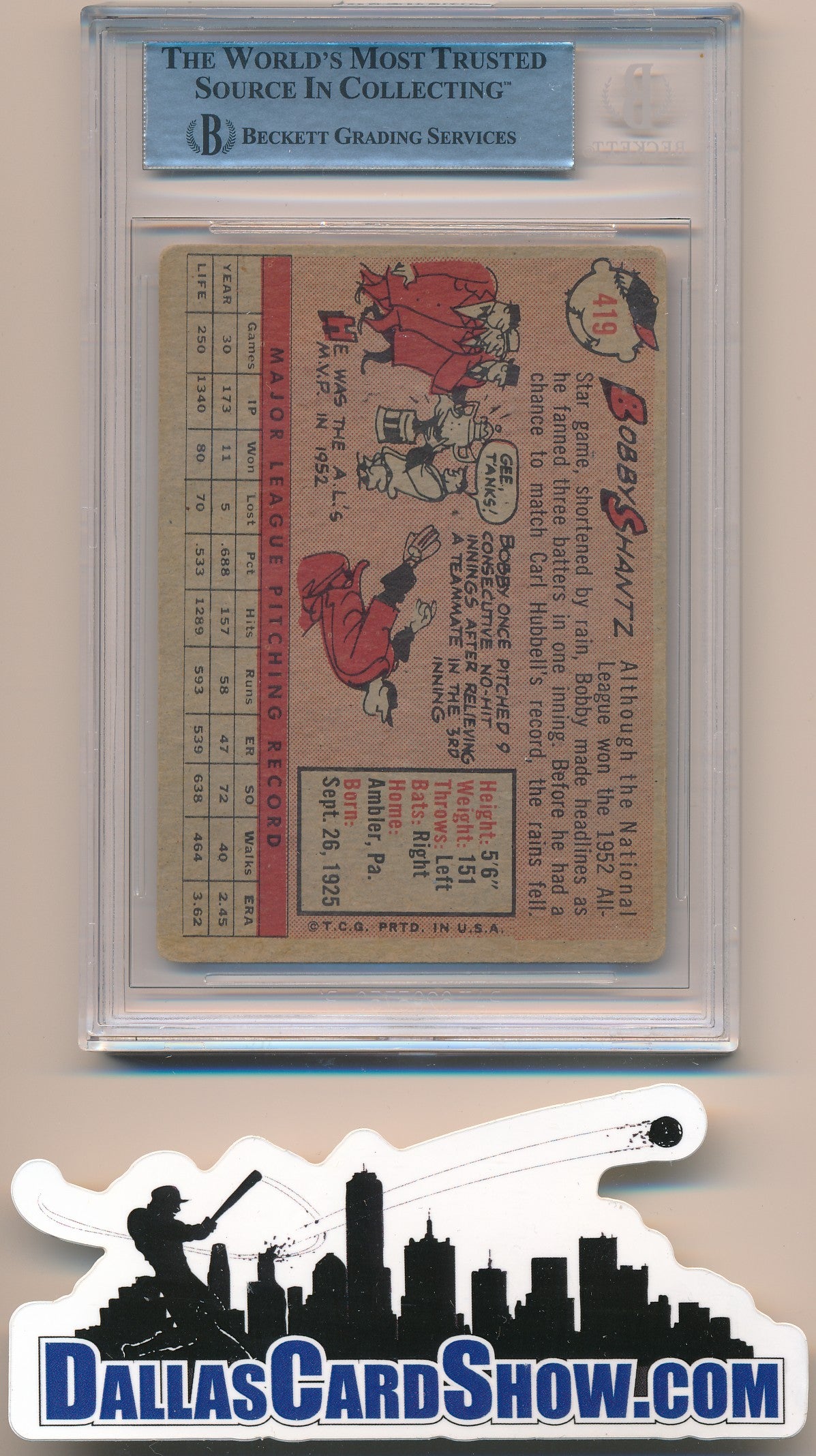1958 TOPPS #419 BOBBY SHANTZ AUTHENTIC BGS AUTO