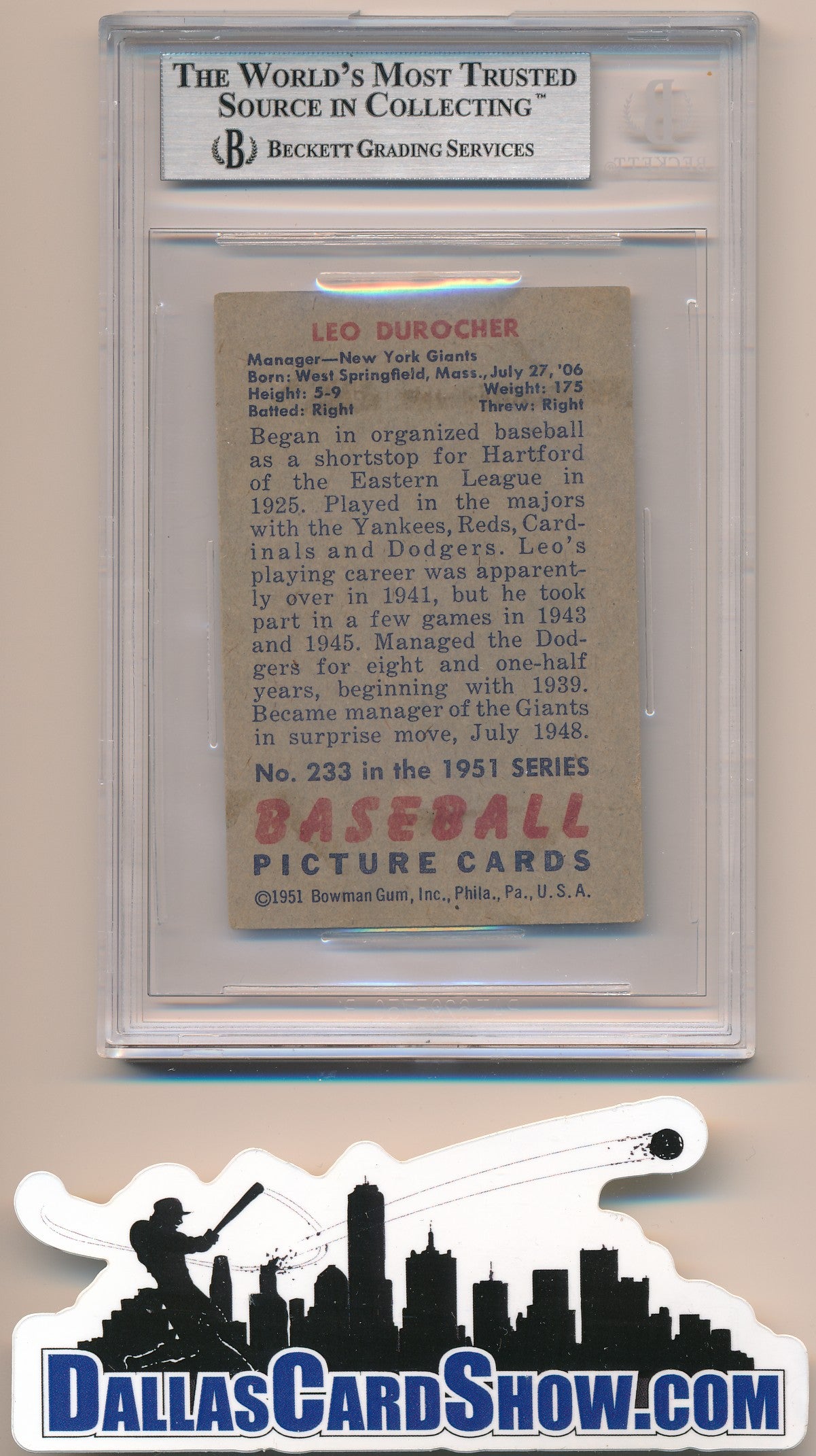 1951 BOWMAN #233 LEO DUROCHER AUTHENTIC BGS AUTO