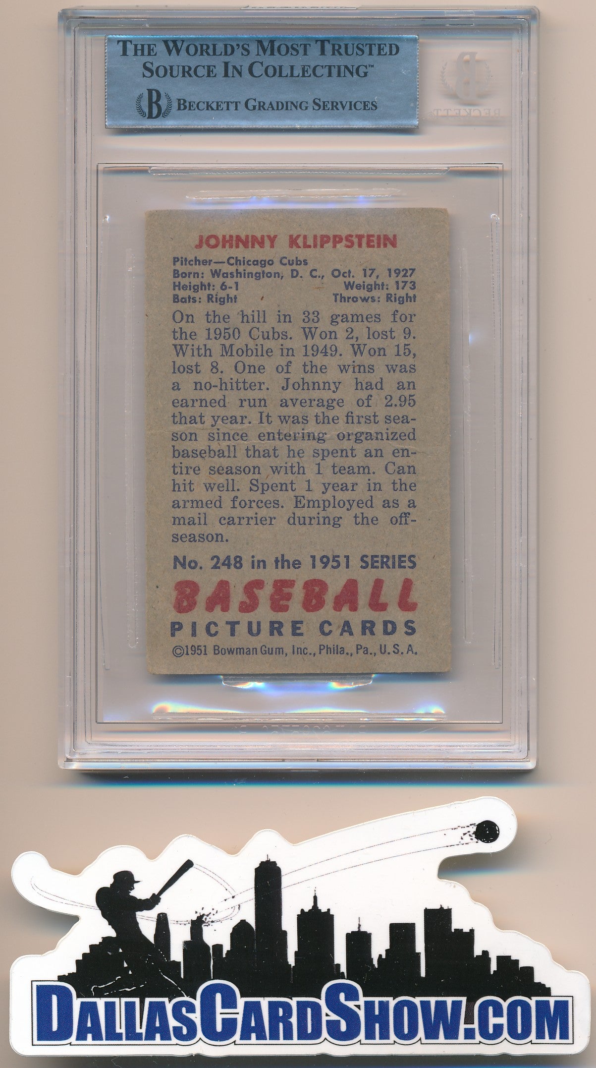 1951 BOWMAN #248 JOHNNY KLIPPSTEIN AUTHENTIC BGS AUTO