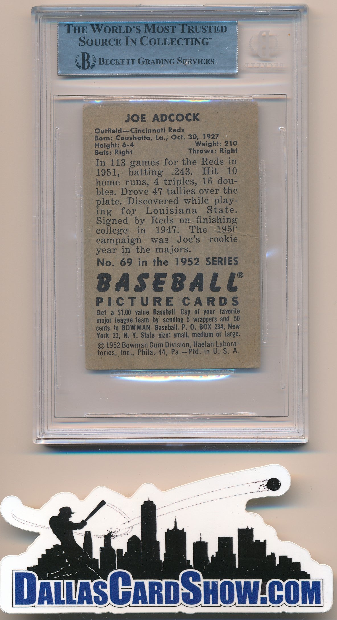 1952 BOWMAN #69 JOE ADCOCK AUTHENTIC BGS AUTO