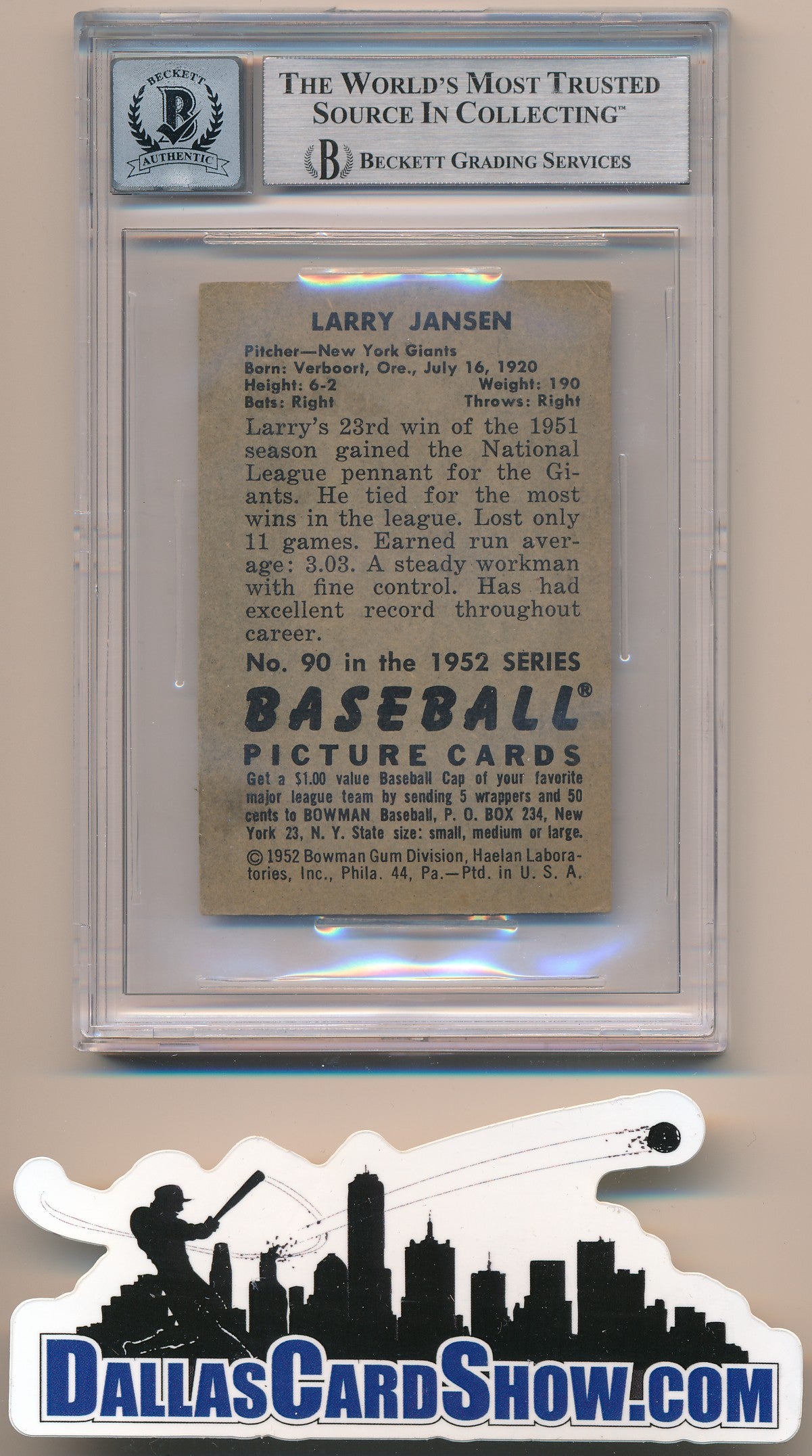 1952 BOWMAN #90 LARRY JANSEN AUTHENTIC BGS AUTO 10