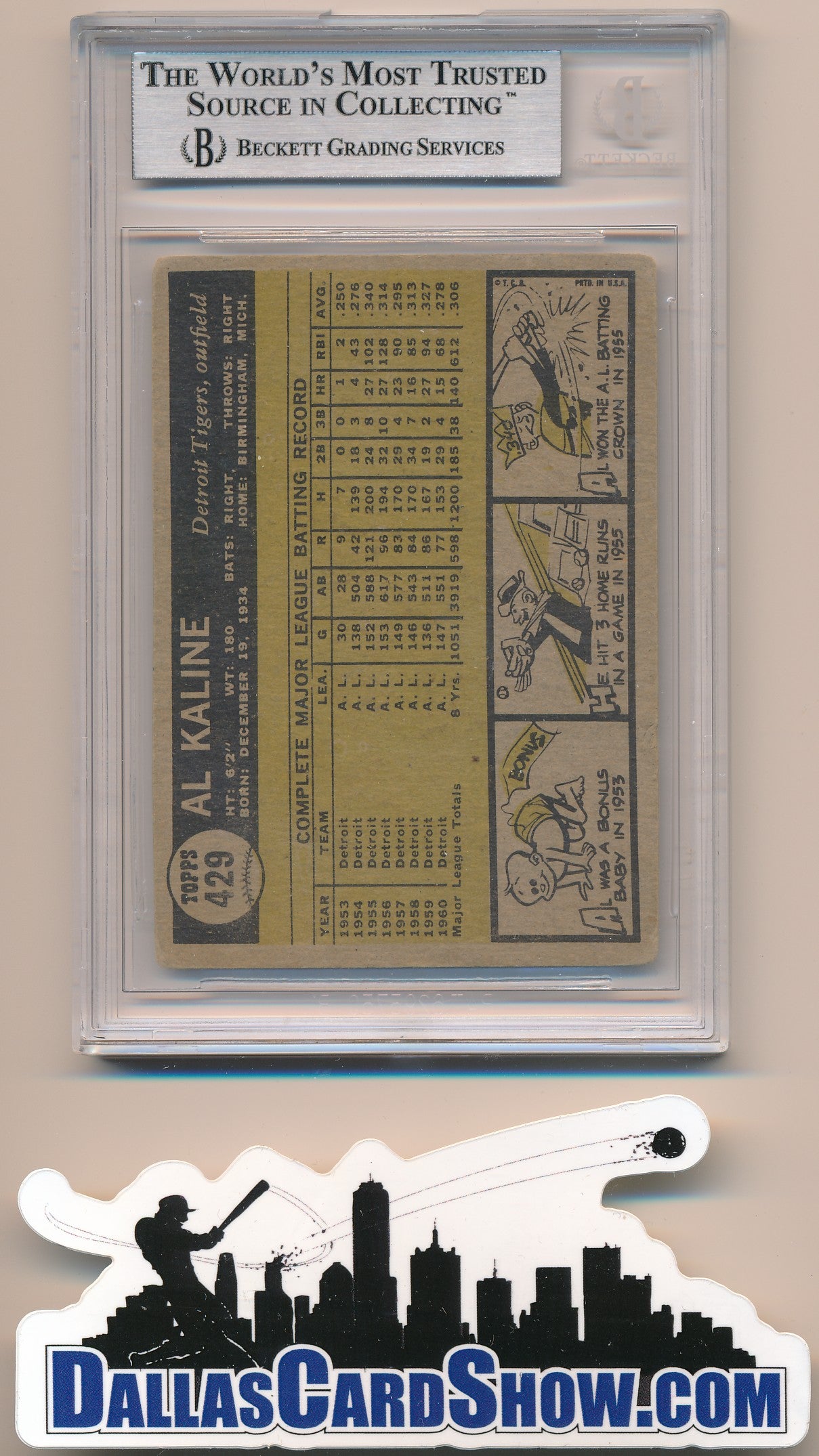 1961 TOPPS #429 AL KALINE AUTHENTIC BGS AUTO