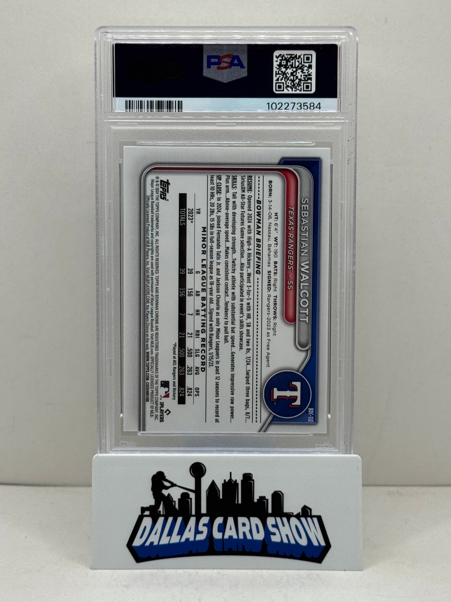 2024 Bowman Draft #BDC112 Sebastian Walcott Fuchsia Lunar Refractor /199 PSA 9
