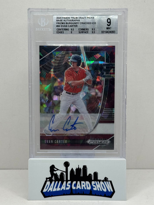 2020 Panini Prizm Draft Picks #PDP50 Evan Carter Burgundy Cracked Ice Auto /12 BGS 9