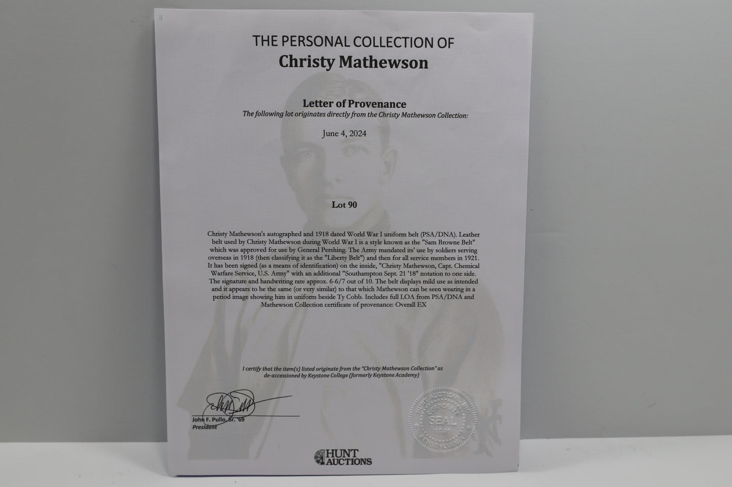 CHRISTY MATHEWSON SIGNED Sam Browne Liberty Belt w/Capt.ChemWarfare NY GIANTS PSA/DNA