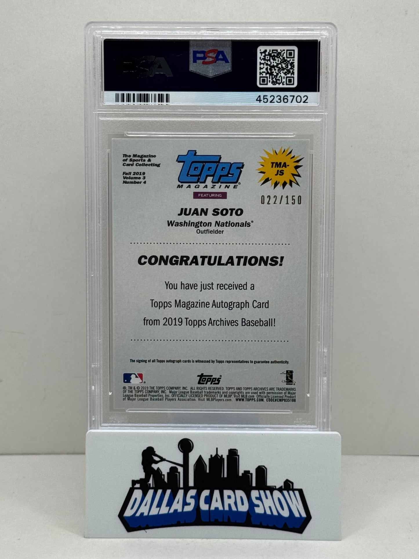 2019 Topps Archives #JS Juan Soto Topps Magazine Autograph 22/150 Jersey # PSA 10