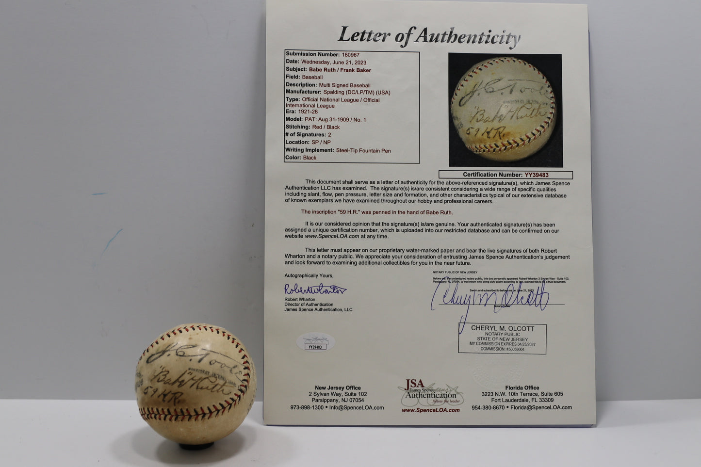 BABE RUTH w/59 H.R. & FRANK HOME RUN BAKER SIGNED SPALDING JToole BASEBALL JSA