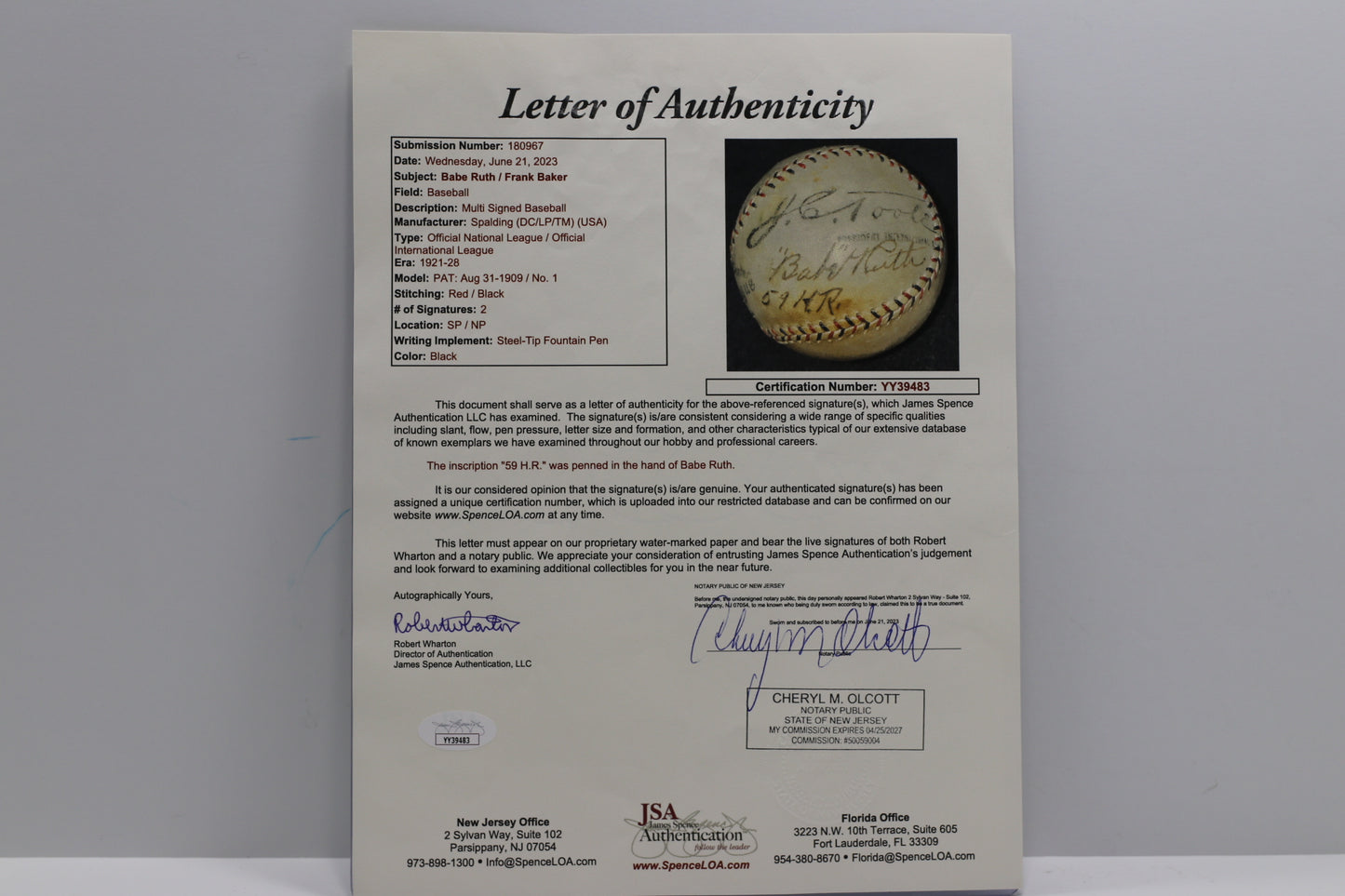 BABE RUTH w/59 H.R. & FRANK HOME RUN BAKER SIGNED SPALDING JToole BASEBALL JSA