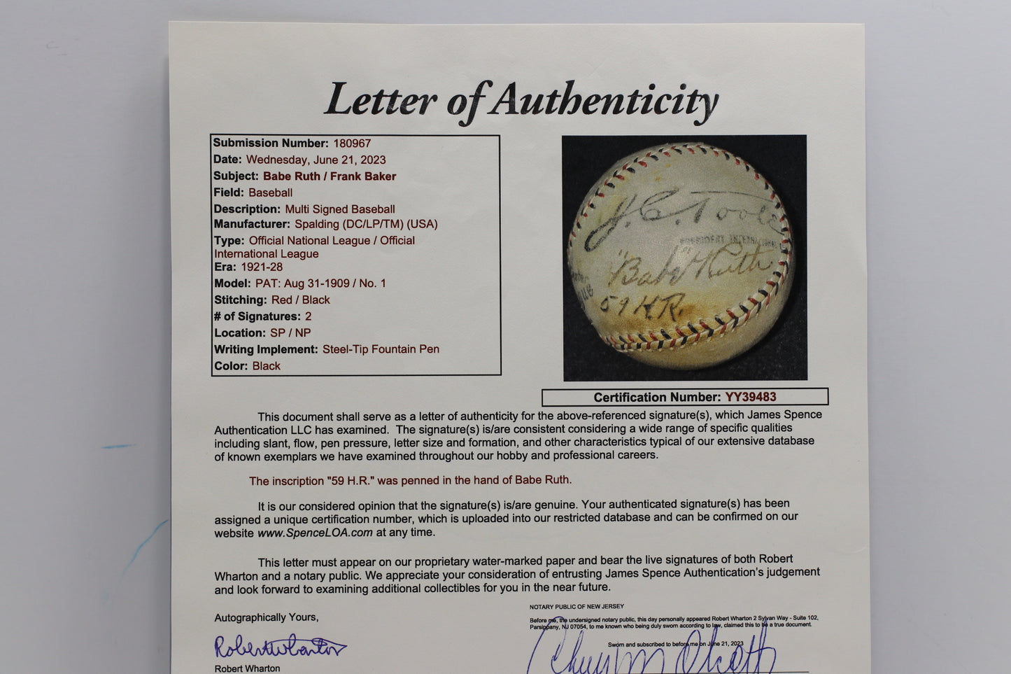 BABE RUTH w/59 H.R. & FRANK HOME RUN BAKER SIGNED SPALDING JToole BASEBALL JSA