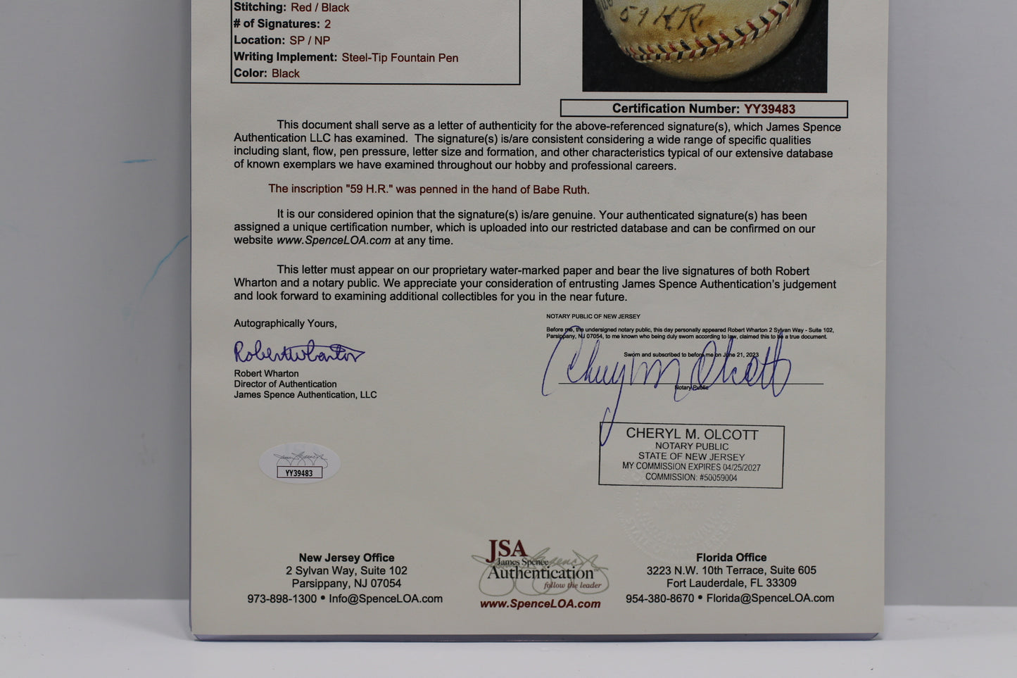 BABE RUTH w/59 H.R. & FRANK HOME RUN BAKER SIGNED SPALDING JToole BASEBALL JSA