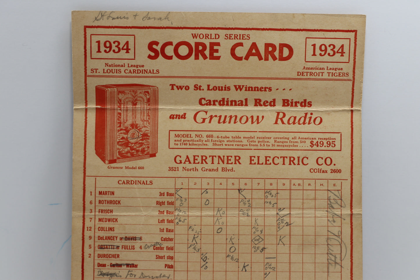 BABE RUTH SIGNED 1934 WORLD SERIES SCORE CARD Cardinals vs TIgers BAS PSA