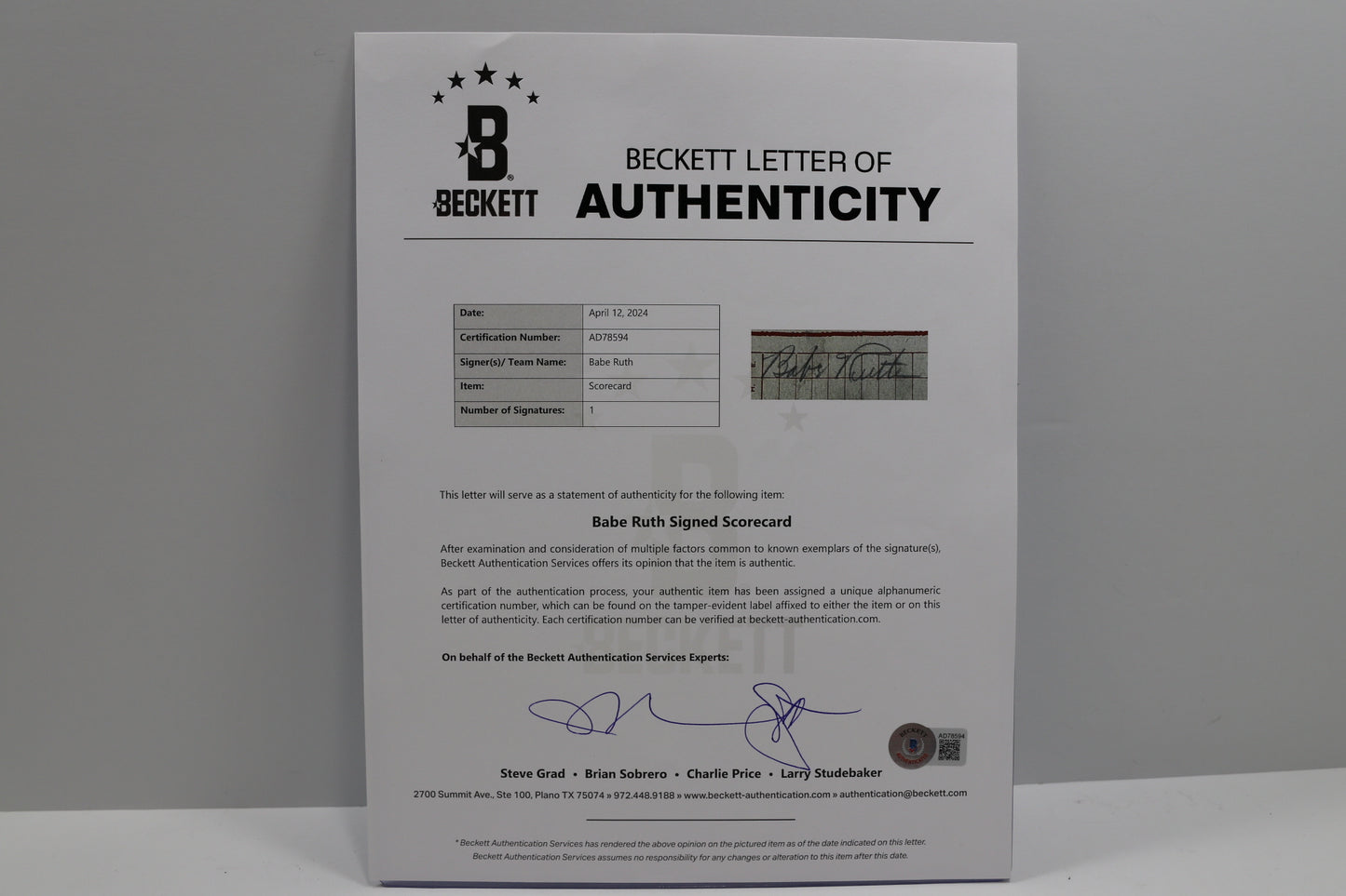 BABE RUTH SIGNED 1934 WORLD SERIES SCORE CARD Cardinals vs TIgers BAS PSA