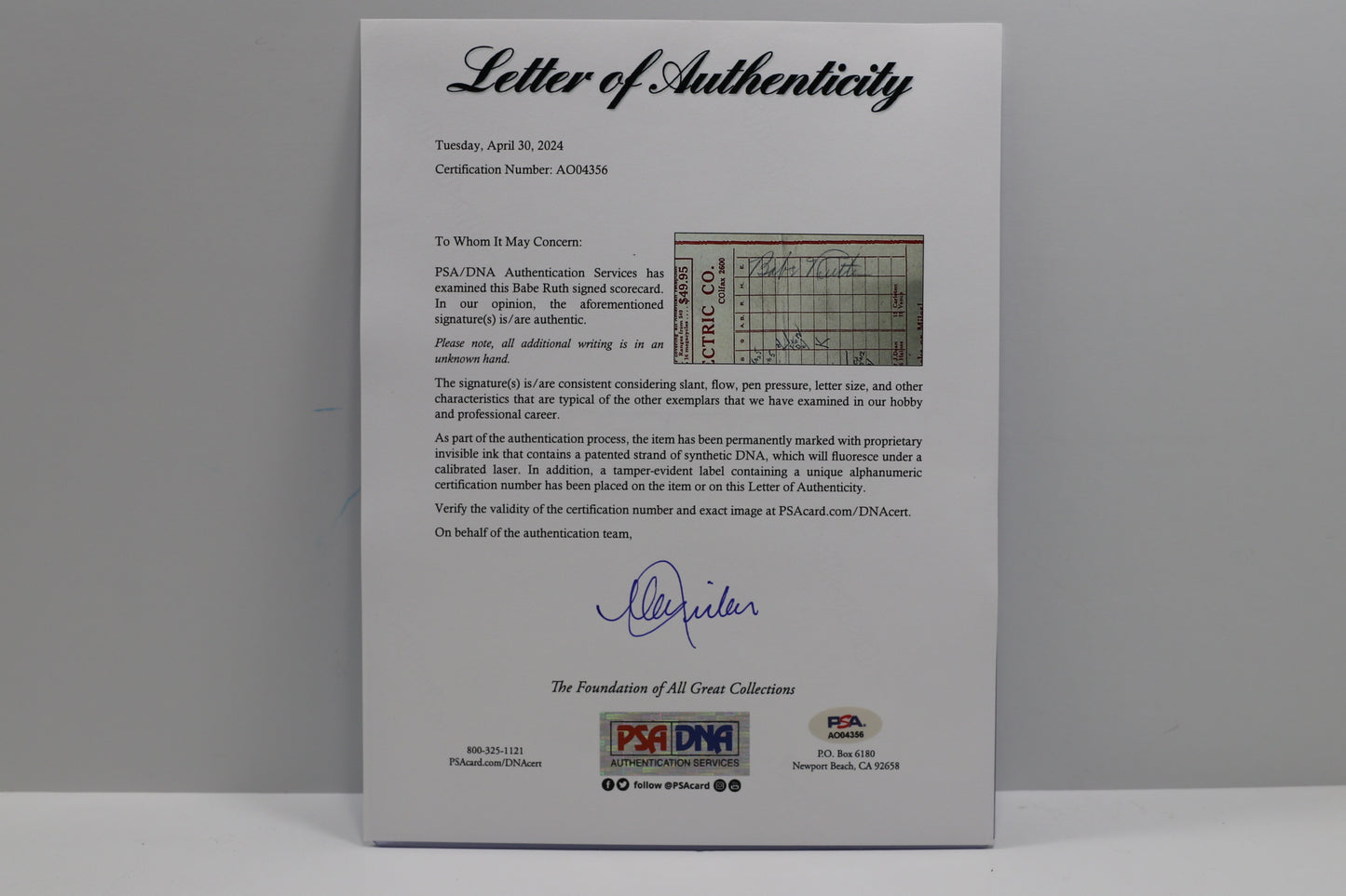BABE RUTH SIGNED 1934 WORLD SERIES SCORE CARD Cardinals vs TIgers BAS PSA