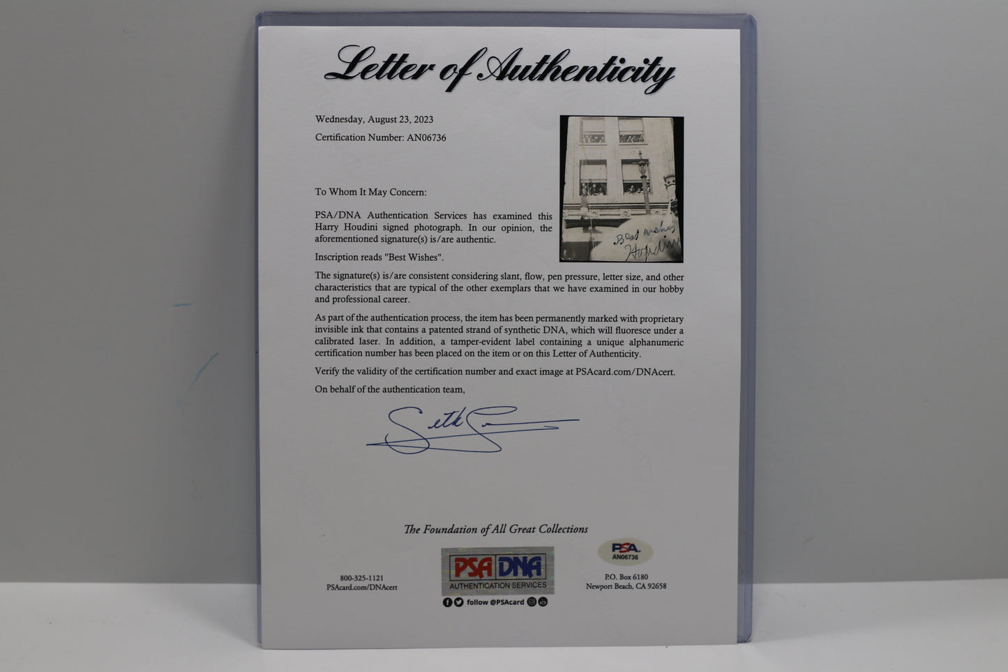 HARRY HOUDINI SIGNED STRAITJACKET PHOTO PSA FULL LETTER OF AUTHENTICITY
