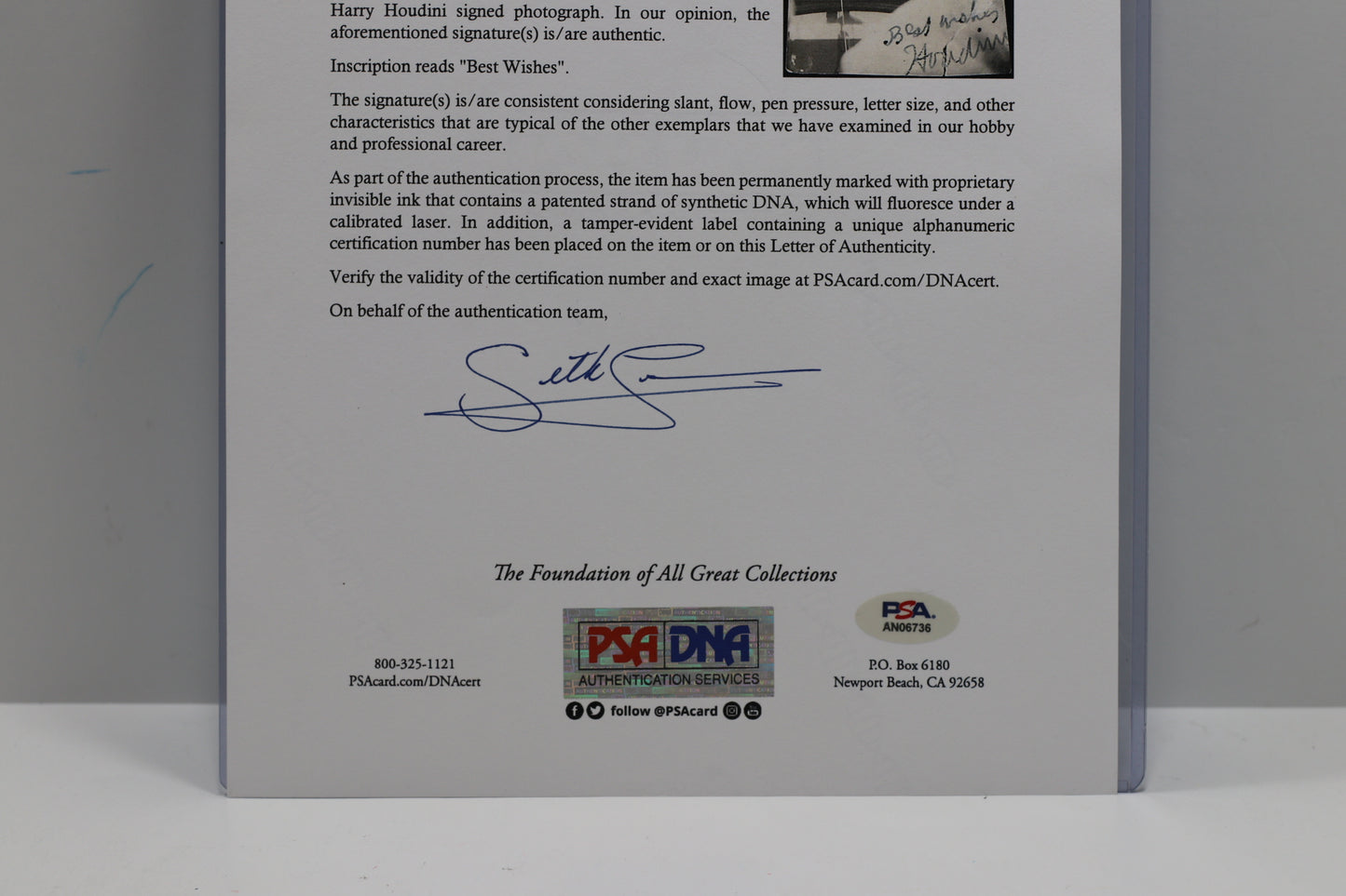 HARRY HOUDINI SIGNED STRAITJACKET PHOTO PSA FULL LETTER OF AUTHENTICITY