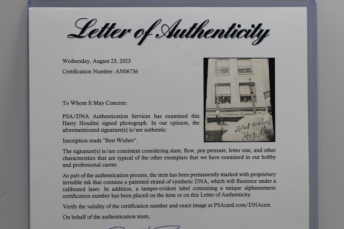 HARRY HOUDINI SIGNED STRAITJACKET PHOTO PSA FULL LETTER OF AUTHENTICITY