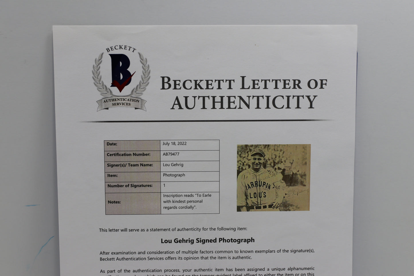 LOU GEHRIG SIGNED BARNSTORMING TOUR PHOTO Babe Ruth NEW YORK YANKEES BAS