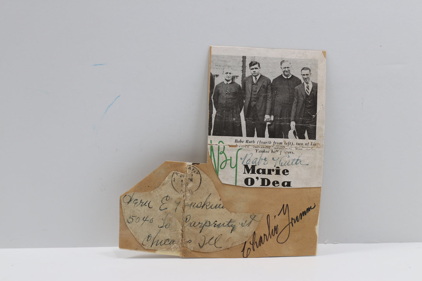 BABE RUTH & CHARLIE GRIMM SIGNED PHOTO CUT w/Brother Matthias BAS PSA LOA