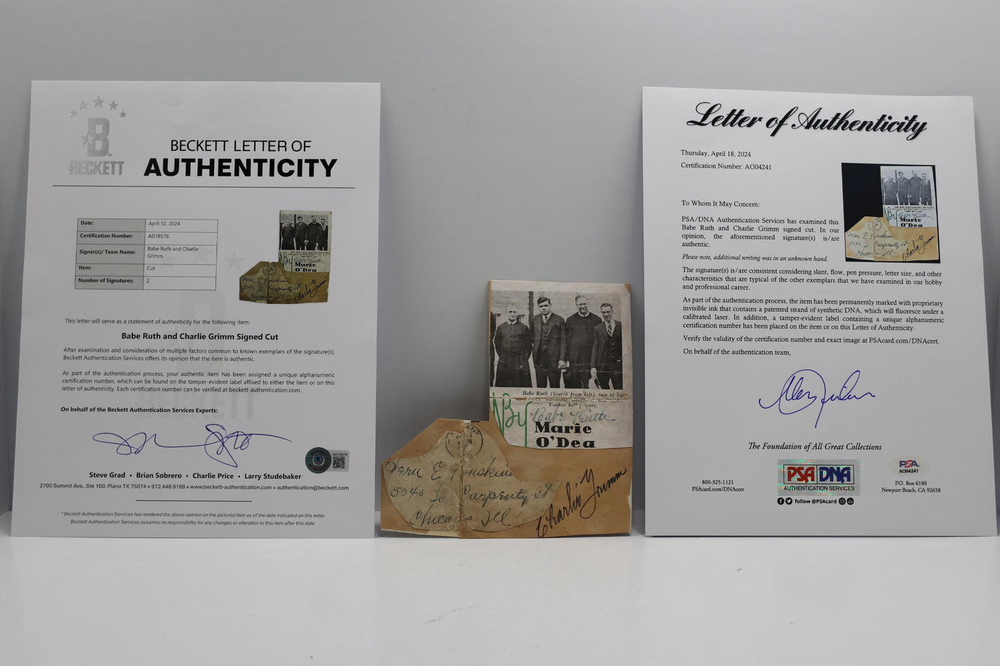 BABE RUTH & CHARLIE GRIMM SIGNED PHOTO CUT w/Brother Matthias BAS PSA LOA